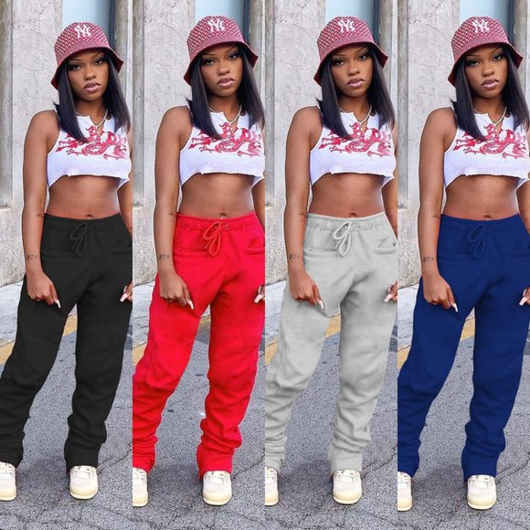 Casual Stacked Pants Joggers Bottom Zipper Drawstr - Picture 1 of 6